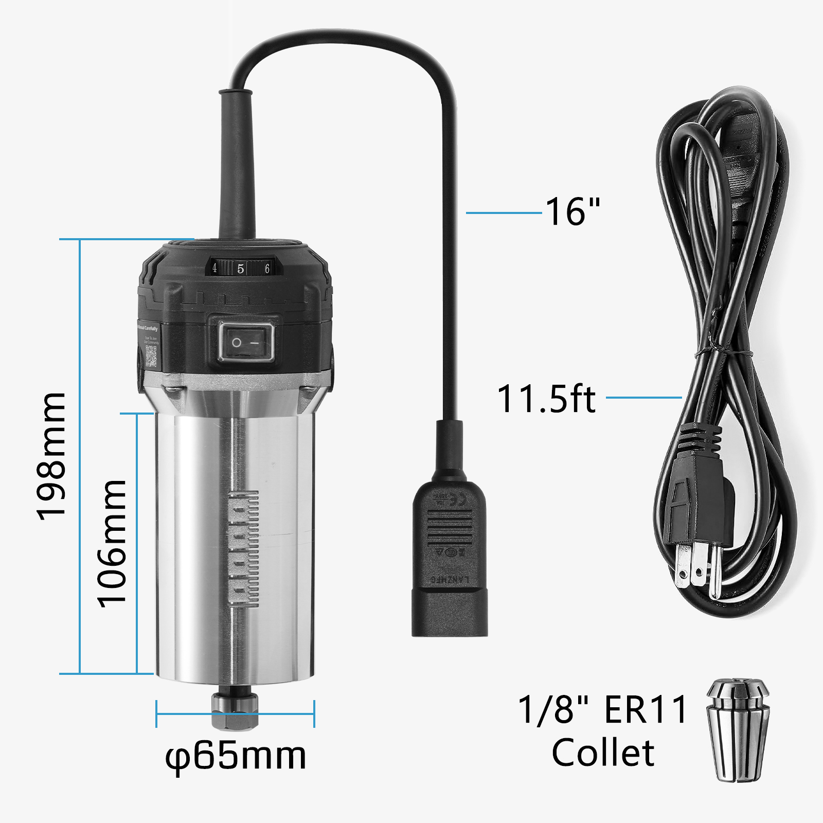 Genmitsu 710W Spindle Motor Compact Trimmer Router, 65mm Diameter, 6500-30000RPM