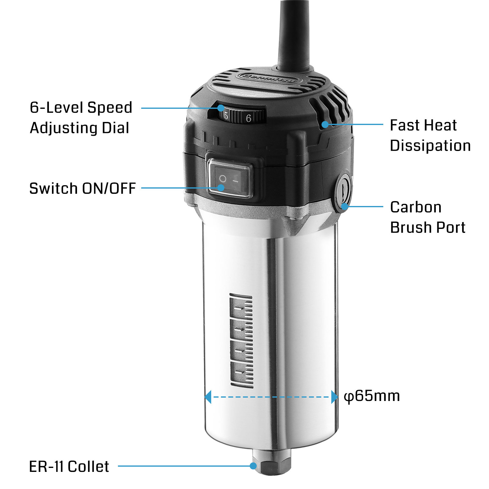 Genmitsu 710W Spindle Motor Compact Trimmer Router, 65mm Diameter, 6500-30000RPM