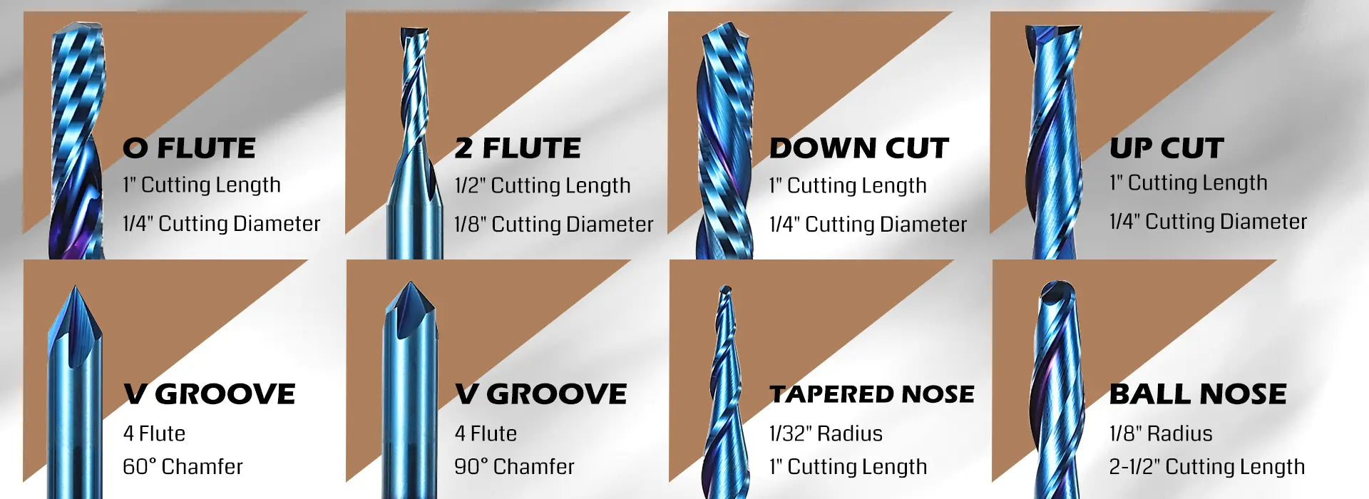 MRBC08, 1/4in Shank End Mills CNC Router Bits General Purpose, Nano Blue Coating, for Aluminum, Metal, Plastic, MDF & Wood, 8pcs