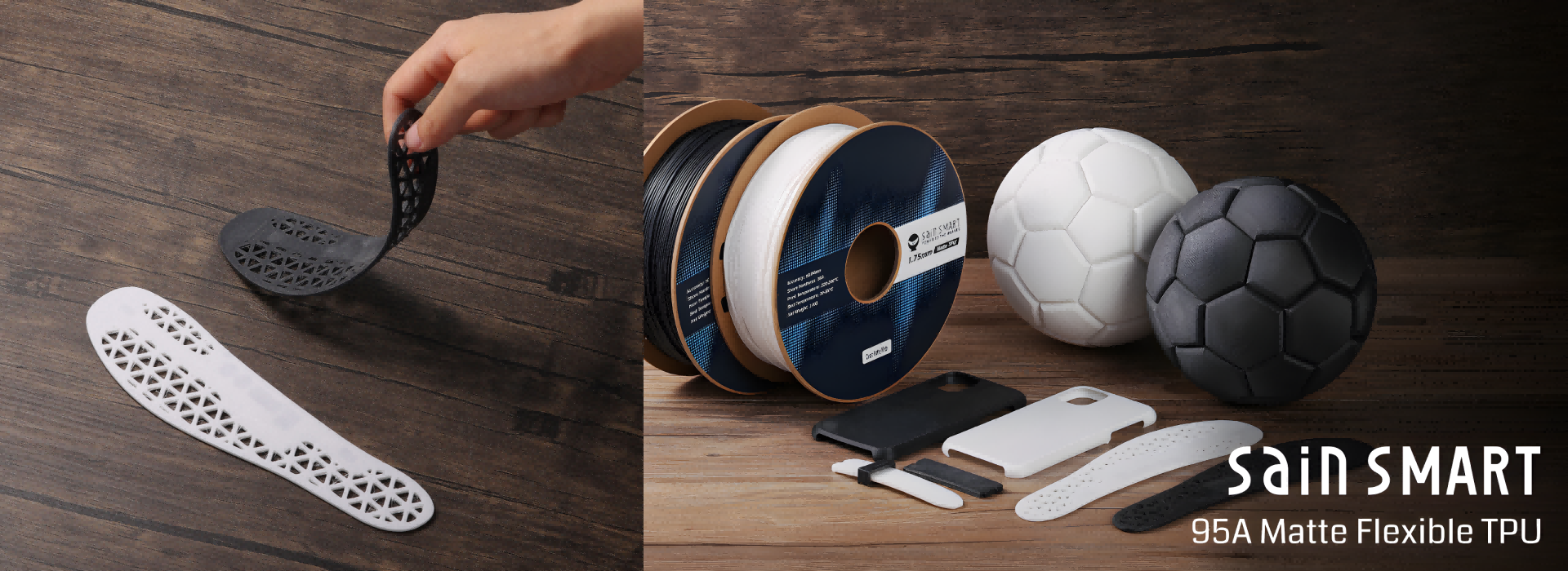 Matte Flexible TPU Filament, 95A, ±0.05mm, 1.75mm, 1kg, Black White