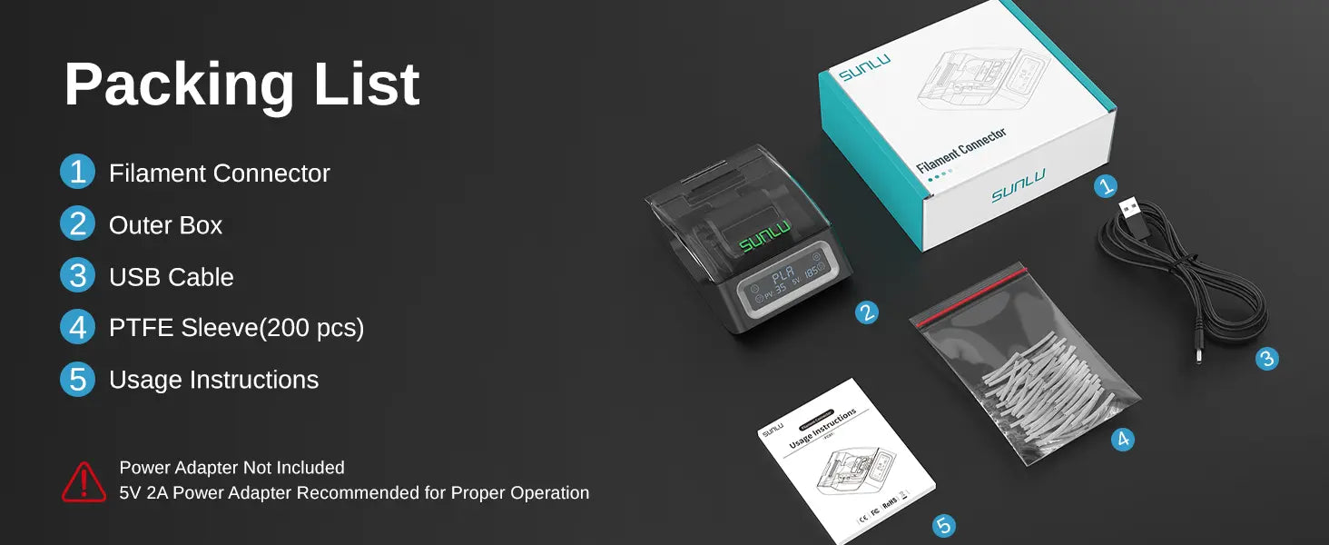 SUNLU filament connector packing list with USB cable, PTFE sleeves, and instructions for 200 sleeves