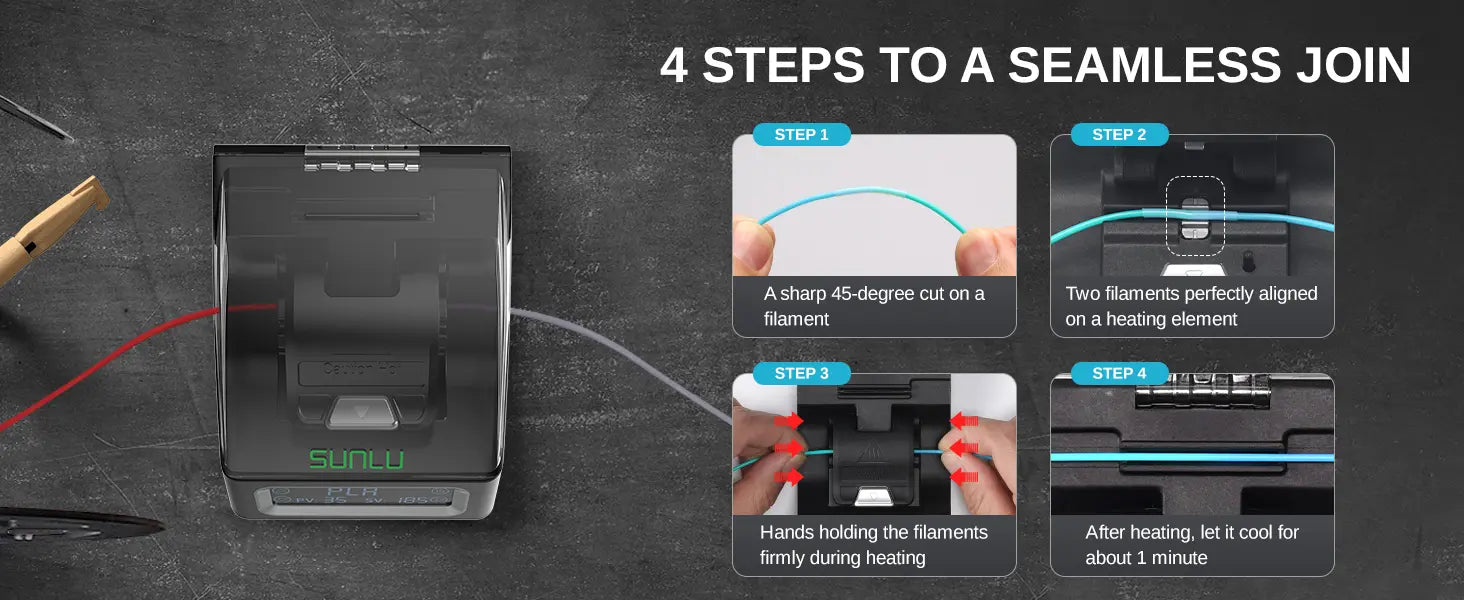 Four steps for making a seamless 1.75mm filament join with the SUNLU connector