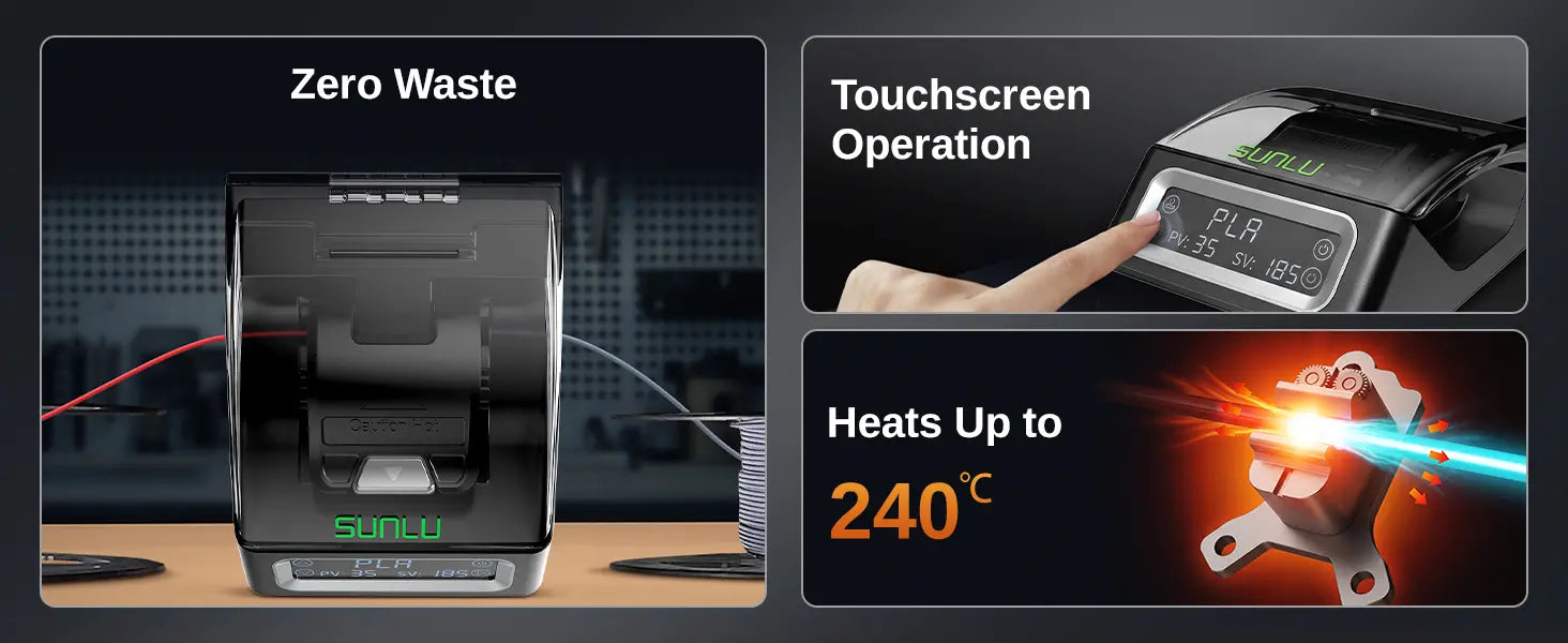 SUNLU filament connector zero-waste, touchscreen, and 240 degree heating features