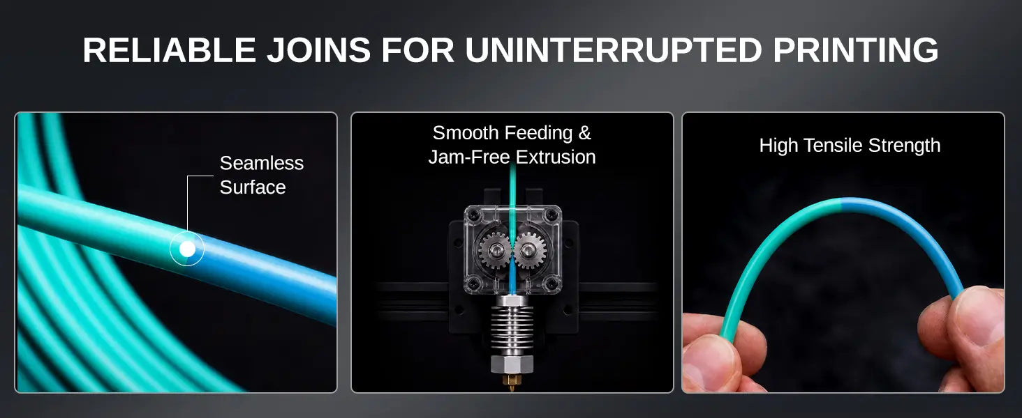 Joined 3D printer filament showing smooth surface, jam-free feeding, and tensile strength