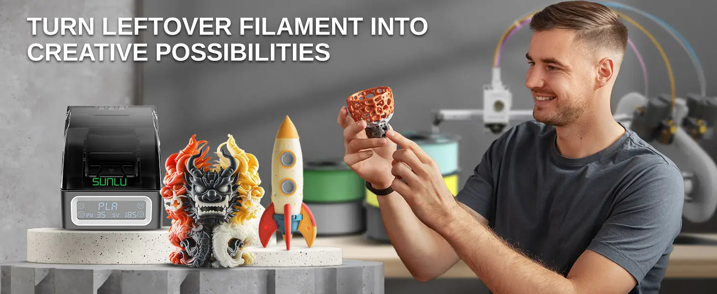 SUNLU filament connector used to create colorful 3D printed projects from leftover filament