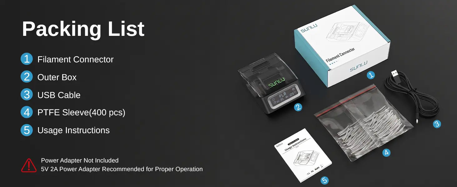 SUNLU filament connector packing list with USB cable, PTFE sleeves, and instructions for 400 sleeves