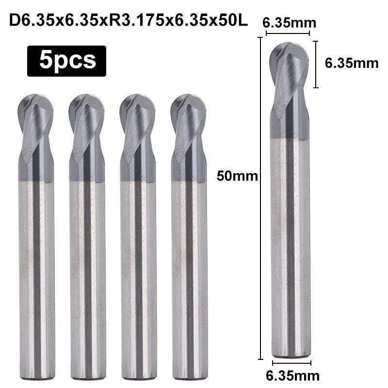 2BNC05, 1/4 inch Shank, 3 inch Overall Length, 2-Flute ball Nose, End Mills CNC Router Bits, Stainless Steel Metal with TiAlN Coating, For Aluminum, Metal, Plastic, MDF & Wood