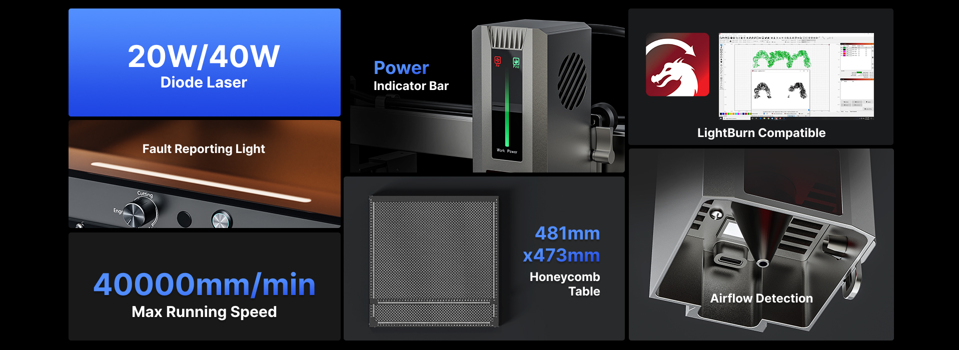 L8 Laser Engraver Machine, 20W/40W Power, 40000mm/min High Speed All-in-one, Air Assist, Lightburn Camera